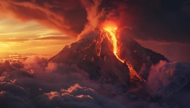 A fiery volcano is spewing lava into the sky, surrounded by a desolate landscape by AI generated image.