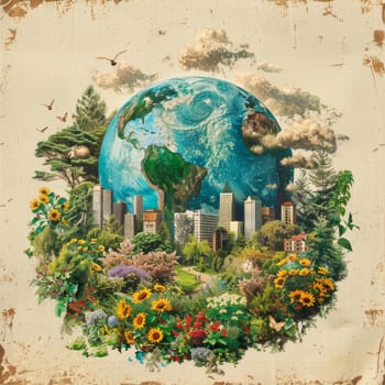 A painting of a city and a planet with a sunflower in the middle. The painting is a representation of the importance of preserving the environment and the beauty of nature