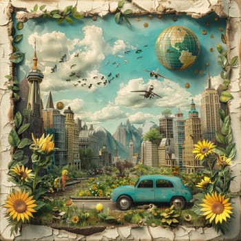A painting of a city with a car and a plane flying over it. The painting has a dreamy, whimsical feel to it