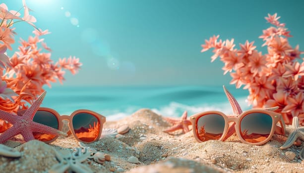 Two sunglasses are on the beach next to a bunch of flowers by AI generated image.