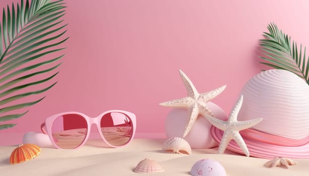 A beach scene with pink walls and pink hats, sunglasses, and starfish by AI generated image.
