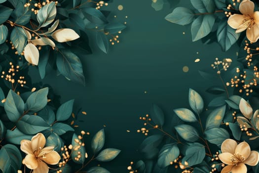 A gold and green flower with leaves is on a green background.