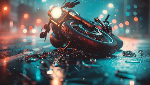 A motorcycle is laying on the road next to a car by AI generated image.