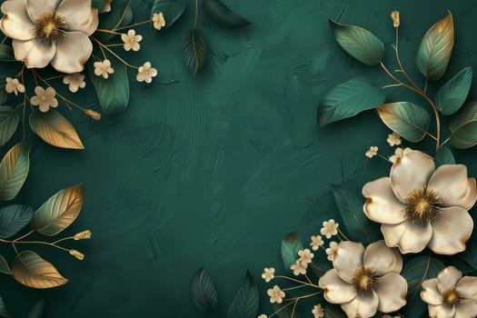 A gold and green flower with leaves is on a green background.