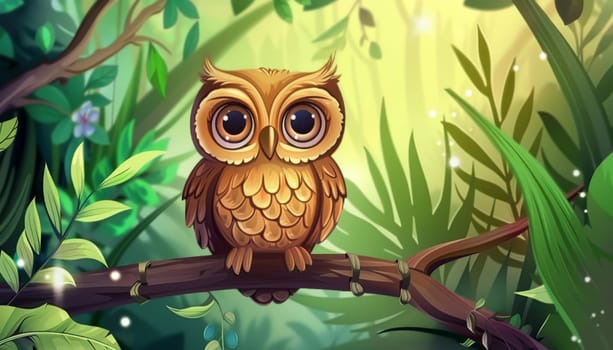 A cartoon owl is perched on a branch with leaves and berries by AI generated image.