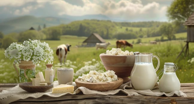 A glass of milk is on a wooden table next to a cow and some cheese by AI generated image.