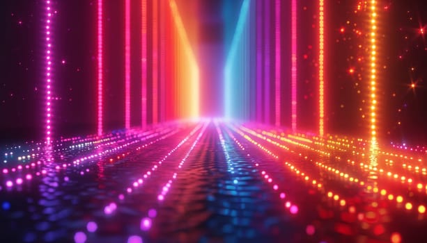 A neon colored tunnel with a bright blue wall by AI generated image.