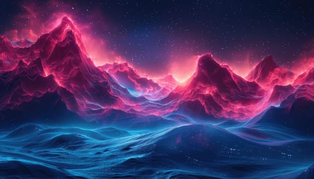 A mountain range with a neon blue river running through it by AI generated image.