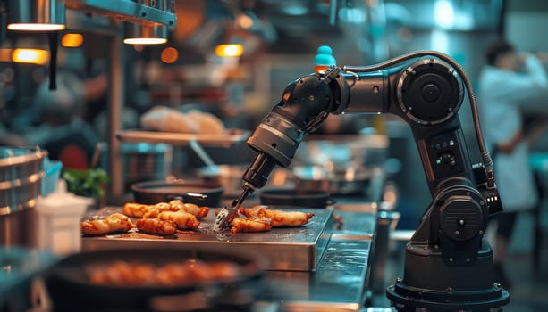 A robot is cooking food in a kitchen by AI generated image.