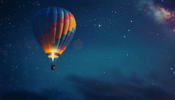 A colorful hot air balloon is floating in the sky above a starry night by AI generated image.