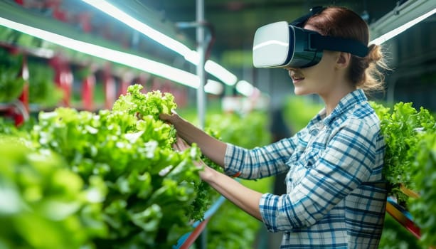 A woman wearing a VR headset is picking lettuce in a greenhouse by AI generated image.