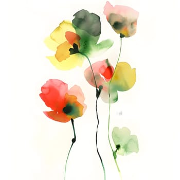 A vibrant watercolor painting of colorful flowers, including corn poppies, on a crisp white background, showcasing creative artistry and the beauty of flowering plants