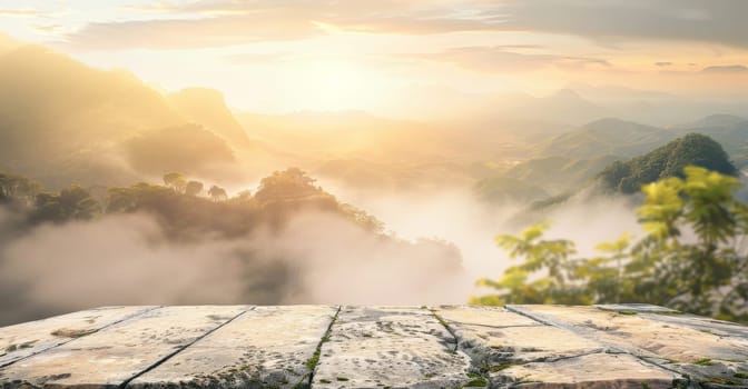 A wooden table with a view of mountains in the background by AI generated image.