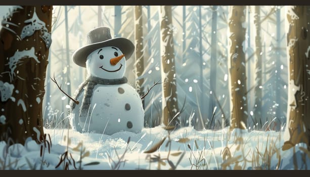 A snowman with a hat and scarf is sitting in the snow by AI generated image.