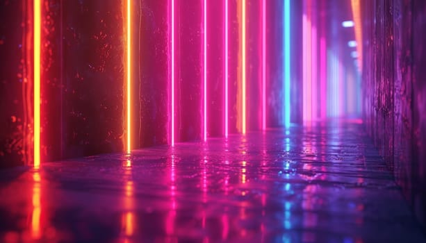 A neon colored tunnel with a bright blue wall by AI generated image.