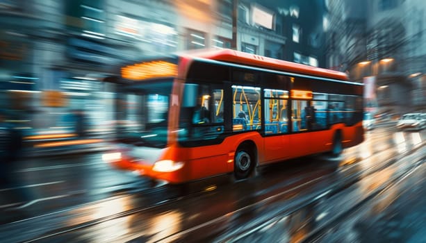 A bus is driving down a street with a red and white sign on the side by AI generated image.