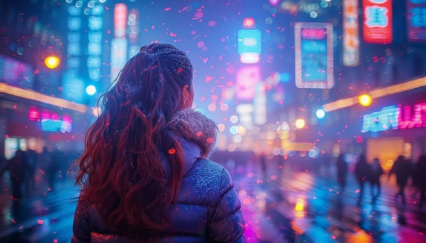 A person is standing in the rain in a city with neon lights by AI generated image.