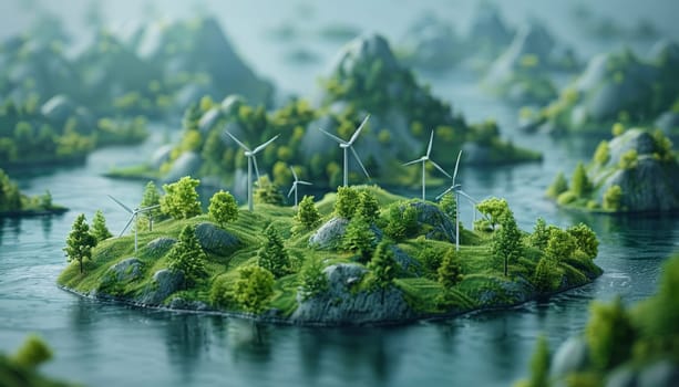 A small house is on a hill with two windmills in the background by AI generated image.