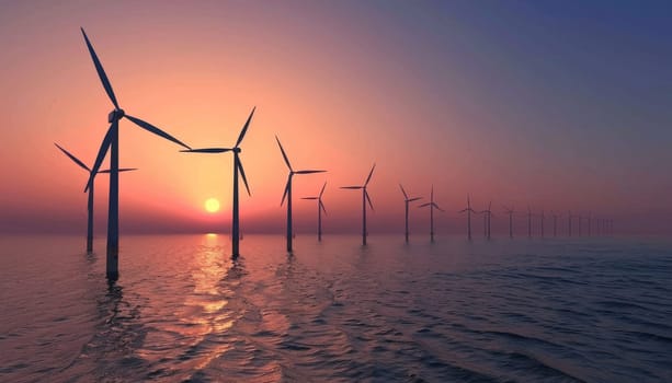 A row of wind turbines are in the water with the sun setting in the background by AI generated image.