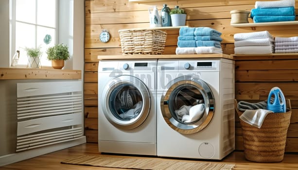 A white washing machine sits in a room with a wooden floor by AI generated image.