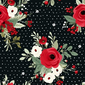 Seamless pattern, tileable Christmas holiday floral country dots print on dark background, English countryside flowers for wallpaper, wrapping paper, scrapbook, fabric and product design motif