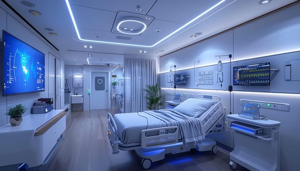 A hospital room with a bed, a television, and a computer monitor by AI generated image.