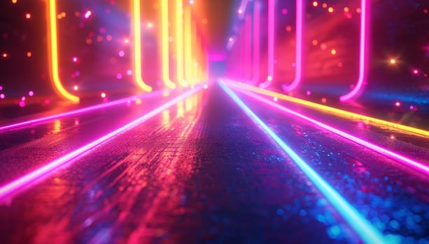 A neon colored tunnel with a bright blue wall by AI generated image.