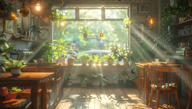 A bright and sunny restaurant with a large potted plant in the corner by AI generated image.