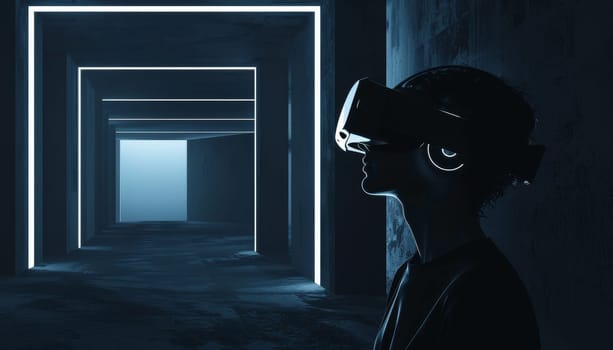 A woman wearing a virtual reality headset stands in a dark room by AI generated image.