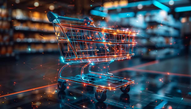 A shopping cart with a digital screen on it by AI generated image.