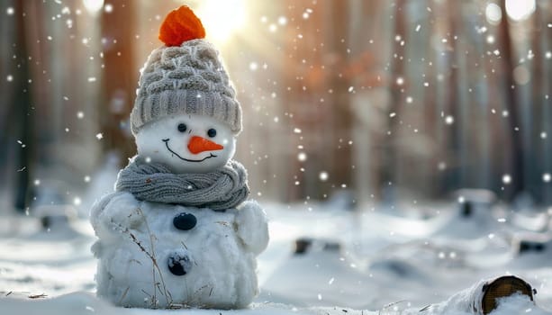A snowman with a hat and scarf is sitting in the snow by AI generated image.