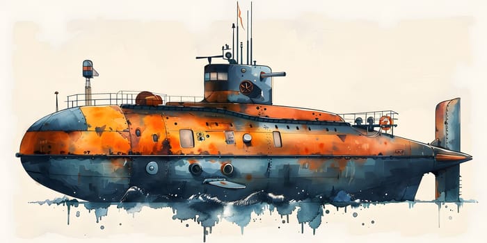 A watercolor painting showcasing a submarine on a white background, highlighting naval architecture, fluid vehicle design, composite material engineering, and the elegance of watercraft machines