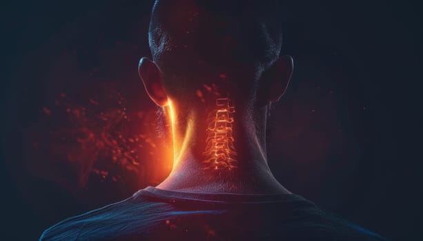 A man's neck is glowing red and the image has a futuristic, sci-fi feel to it by AI generated image.