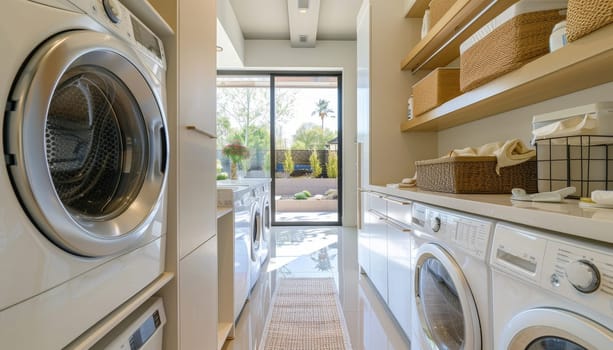 A white laundry room with a washer and dryer by AI generated image.