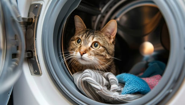 A cat is inside a washing machine by AI generated image.