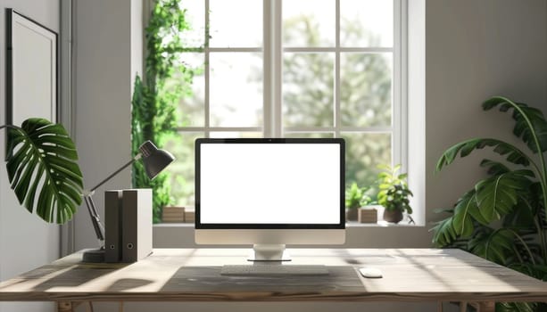 A computer monitor sits on a desk in front of a window by AI generated image.