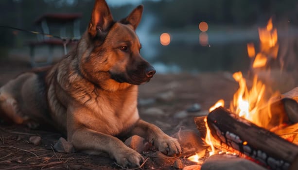 A dog is laying on the ground next to a fire by AI generated image.