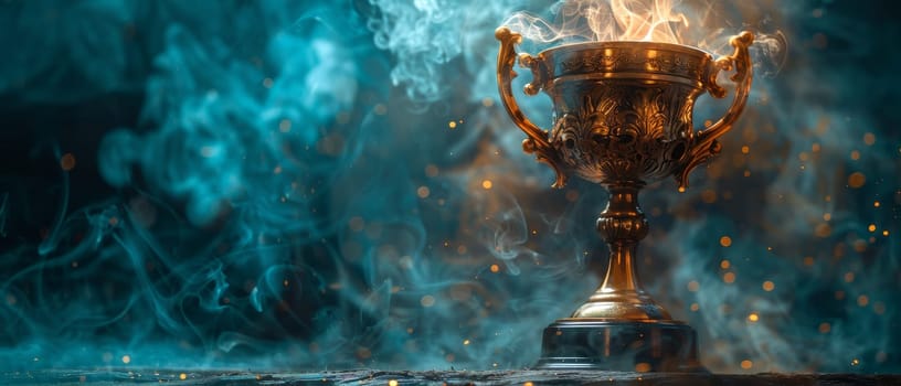 A gold cup with smoke coming out of it by AI generated image.