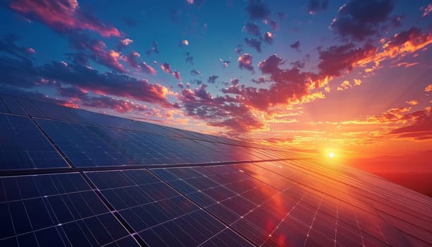 A solar panel with a sunset in the background by AI generated image.