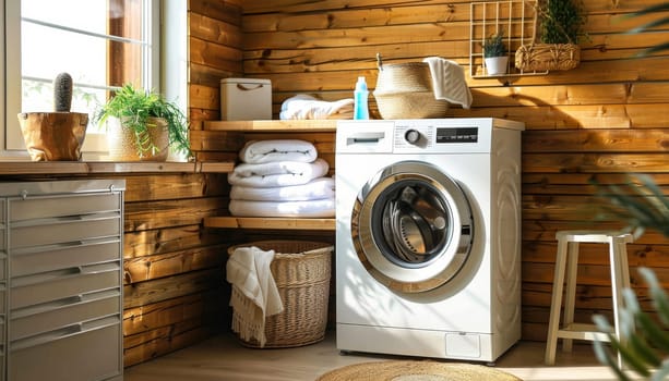 A white washing machine sits in a room with a wooden floor by AI generated image.