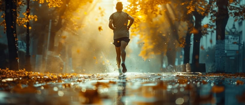 A group of runners are running in a race with a red and blue background by AI generated image.