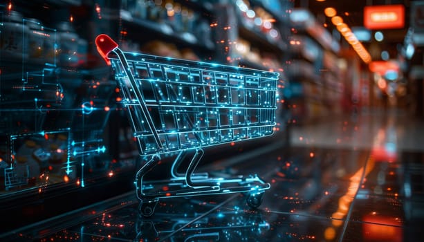 A shopping cart with a digital screen on it by AI generated image.