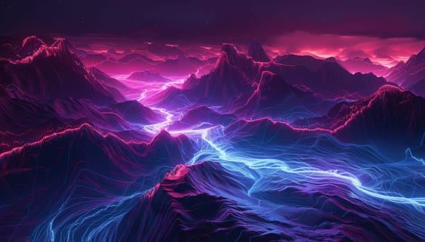 A mountain range with a neon blue river running through it by AI generated image.