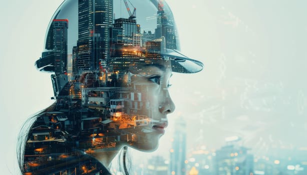 A woman wearing a hard hat is looking out over a city by AI generated image.