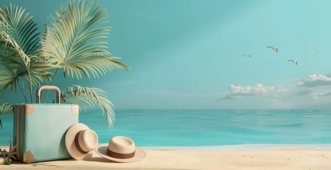 A blue suitcase is on the beach next to two straw hats by AI generated image.