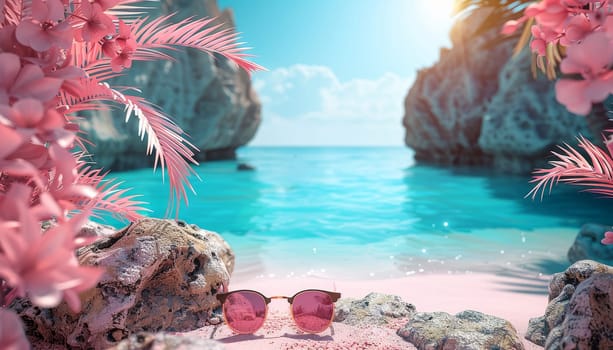 A beach scene with pink flowers and a pair of sunglasses on the sand by AI generated image.