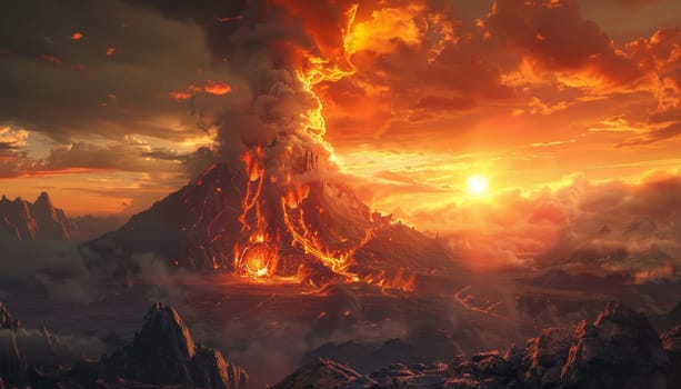 A fiery volcano is spewing lava into the sky, surrounded by a desolate landscape by AI generated image.