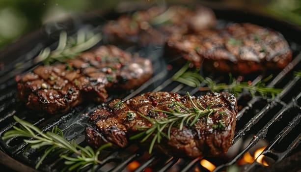 A grill with four pieces of meat and some herbs on top by AI generated image.