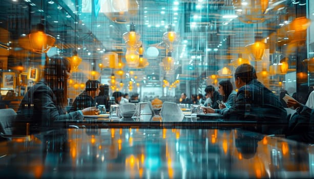 A group of people are sitting around a table in a restaurant by AI generated image.