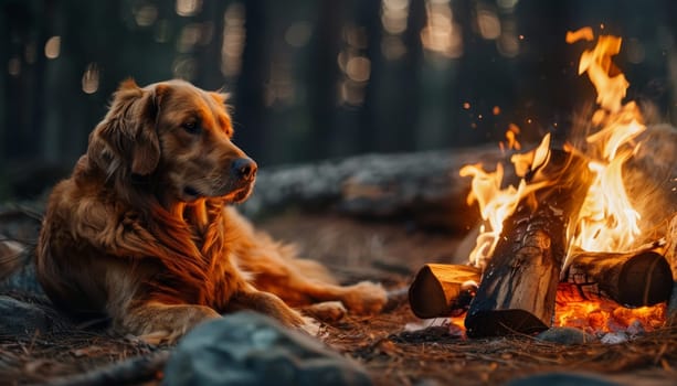A dog is laying on the ground next to a fire by AI generated image.
